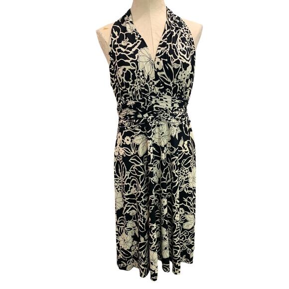 Size 12 Jones Wear Dress Black Ivory Print Pullover Stretch A-Line Midi - Picture 2 of 10